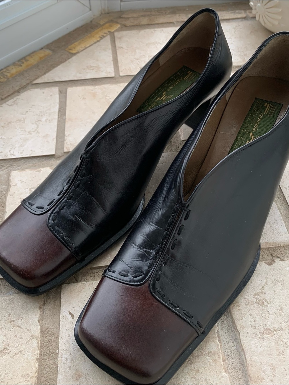 François Xavier Women's Leather Two-Tone Black and Brown Platform Slip-On Heels